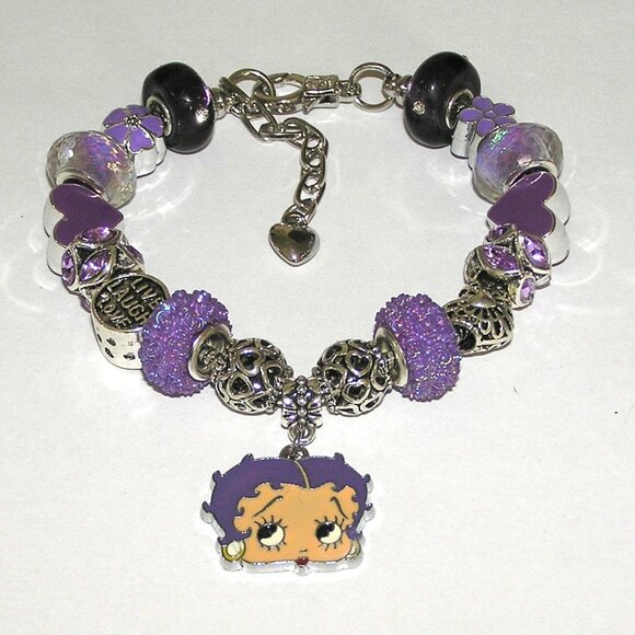 Betty Boop Bracelet With European Beads w/Rare Fleischer Betty Purple Hair Charm - Picture 5 of 7